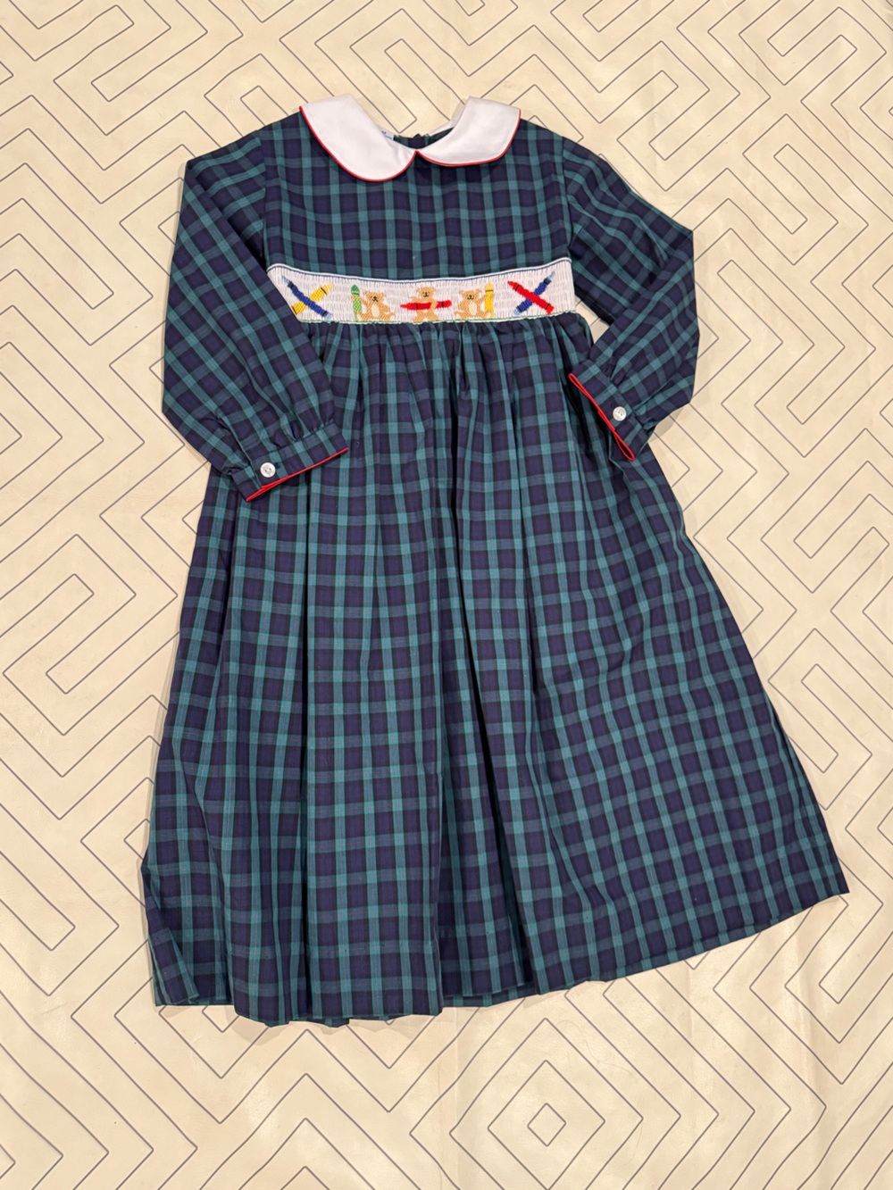 Anavini Navy & Green Plaid Smocked Kids School Dress